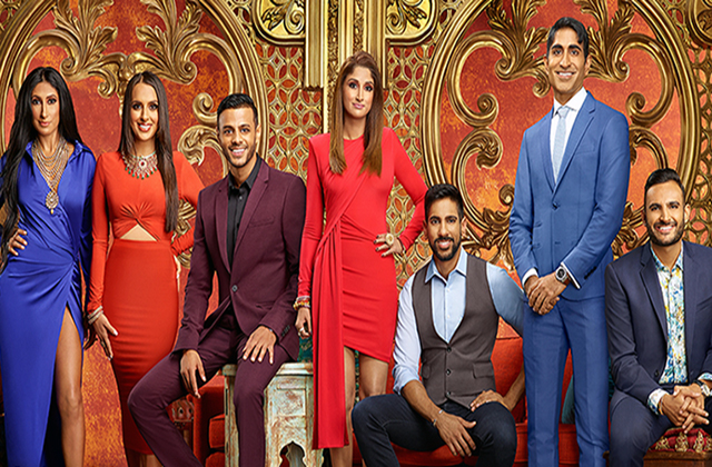 Family Karma cast. Seven Indian Americans wearing dresses and suits in front of an elaborate background.