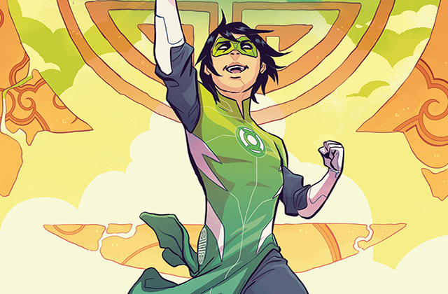 Green Lantern. Comic book cover of Asian-American teenager with short black hair wearing green top.