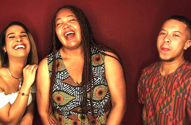 Mia Sloan, Diamond Stylz, Zahir Alexander. Three Black trans people in patterned clothes laughing.