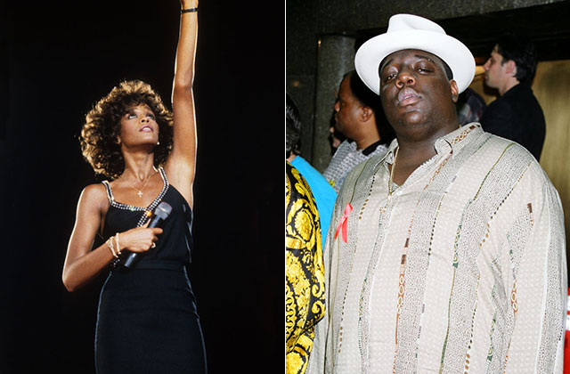 Whitney Houston and The Notorious B.I.G. Black woman in black dress raises hand to sky, Black man in white hat and button-down shirt.