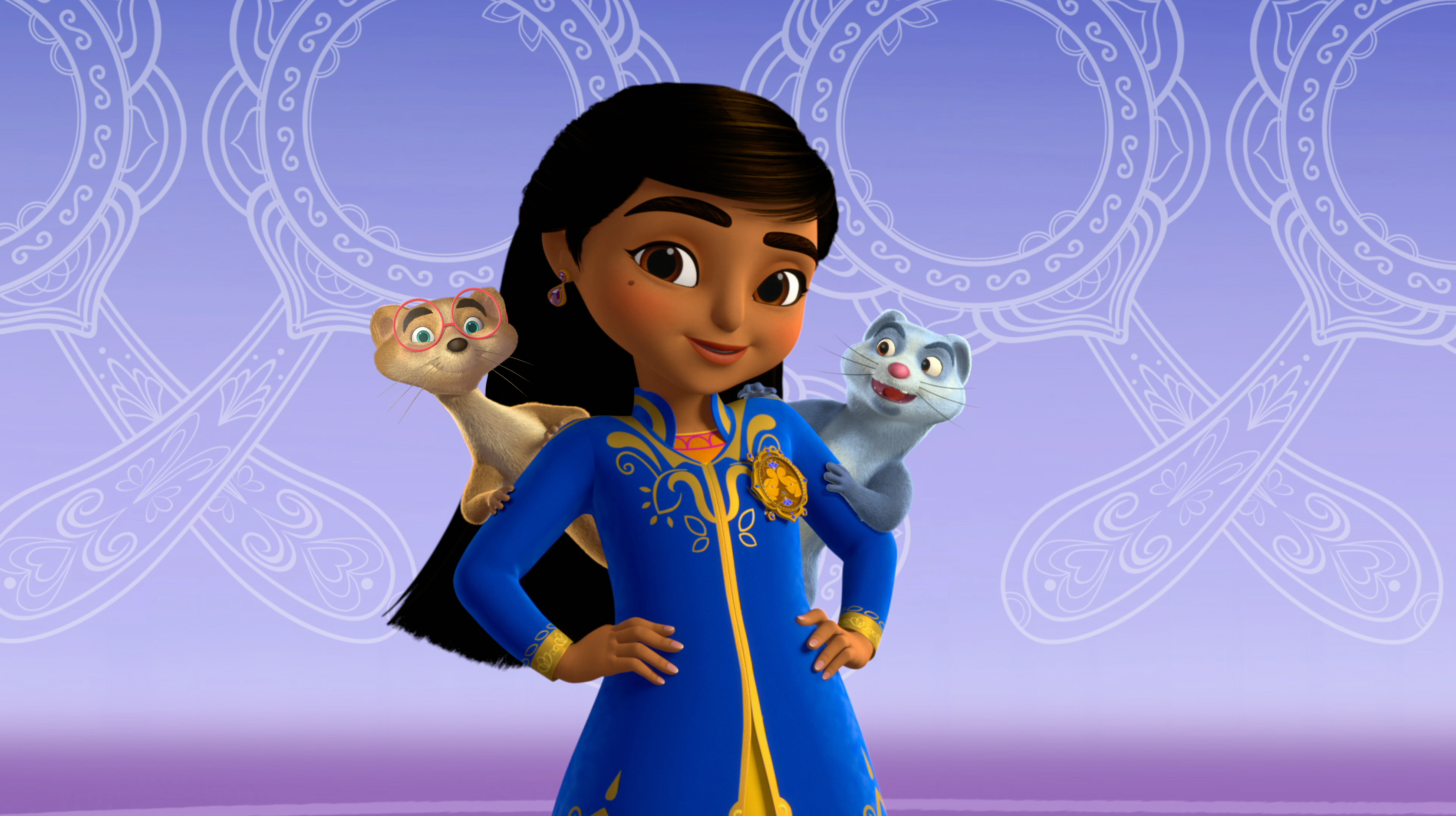preschool cartoon character, Mira, a young girl from India, dressed in a royal blue sheath, smiles into a camera with her mongoose companions (one tan, one gray with glasses) on each of her shoulders