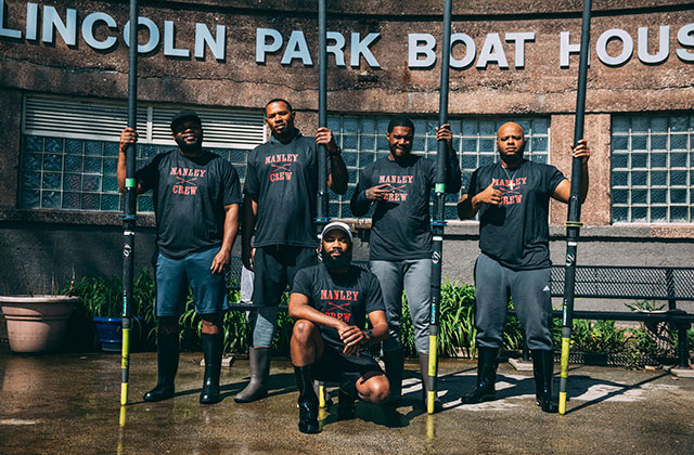 A Most Beautiful Thing. Five Black men posing in front of the Lincoln Park Boat House with oars.