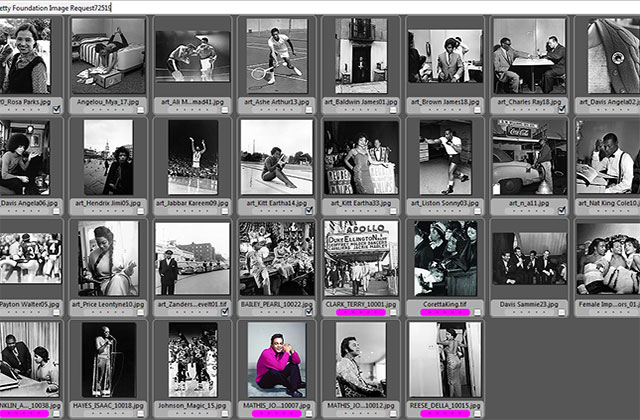 Black and white contact sheets from Johnson Publishing featuring Rosa Parks, Eartha Kitt, Arthur Ashe and more.