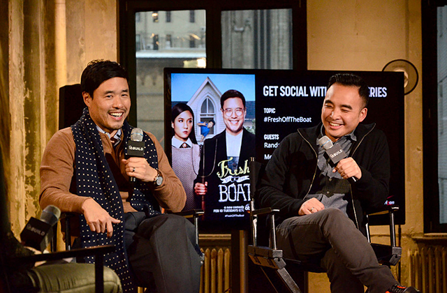 Randall Park and Melvin Mar. Two Asian American men seated side-by-side holding microphones in front of a TV screen that says "Fresh Off the Boat."