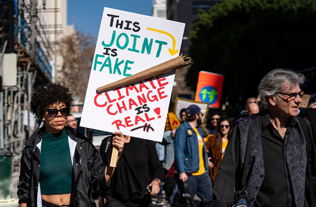 Earth Day. Black woman marching in strike holding a sign with a giant spliff that reads: "This joint is fake, climate change is real."