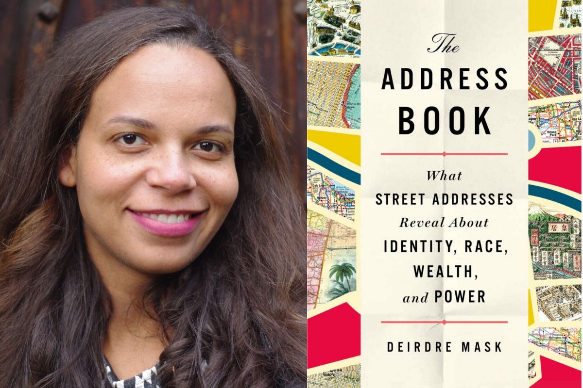 Author Deidre Mask. Light brown Black woman with brown hair; Cover of "The Address Book" by Mask