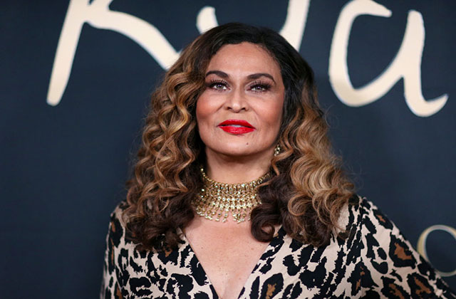 Tina Knowles. Black woman with long wavy blonde hair wearing a gold choker and black and brown top.
