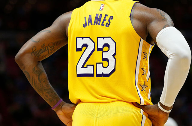 Lebron James Jersey. Close up of back of James LA Lakers yellow jersey with white number 23.
