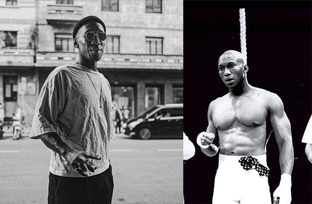 Mahershala-Ali. Black and white photos of Black man wearing black hat , gray Tee and black pants next to younger photo of same Black man with bald head wearing white boxing shorts.