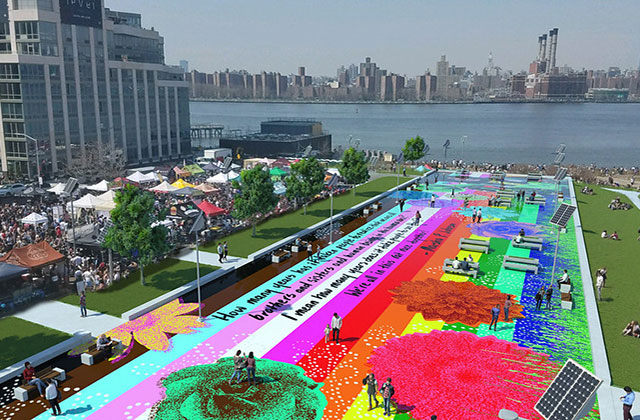 Marsha P Johnson Park. Aerial view of park in New York City showing art with rainbow colors.