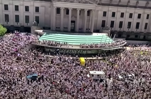Black Trans Lives Rally. Exterior of museum with thousands of people standing outside.