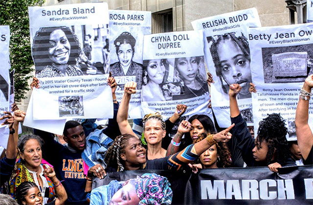 March-for-Black-Women. Collage poster of Black women holding up huge signs of other Black women who have been killed.
