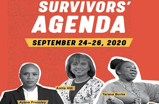 Survivors-Agenda poster. Photos of Black women, Ayanna Pressley, Anita HIll and Tarana Burke.