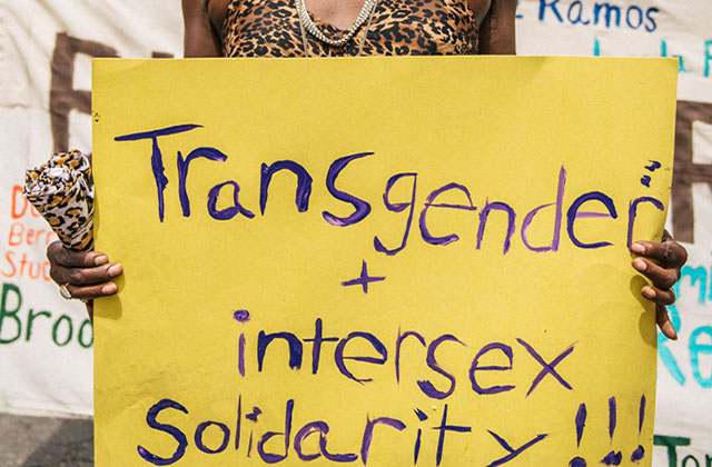 Trans Solidarity poster. Black lettering on a yellow poster paper reads: "Transgender + Intersex Solidarity!!!"