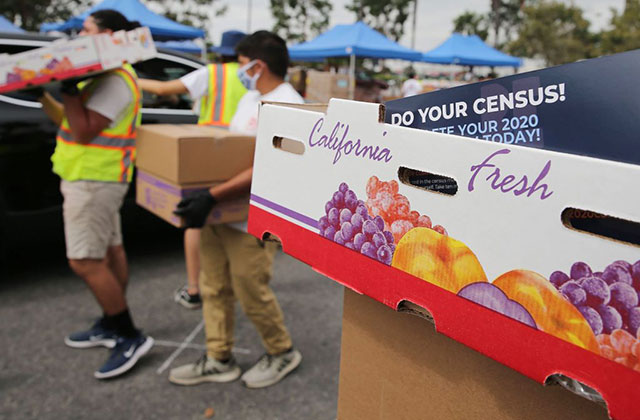Census 2020. A box of food that reads "California Fresh" includes a pamphlet that reads "Do your Census."