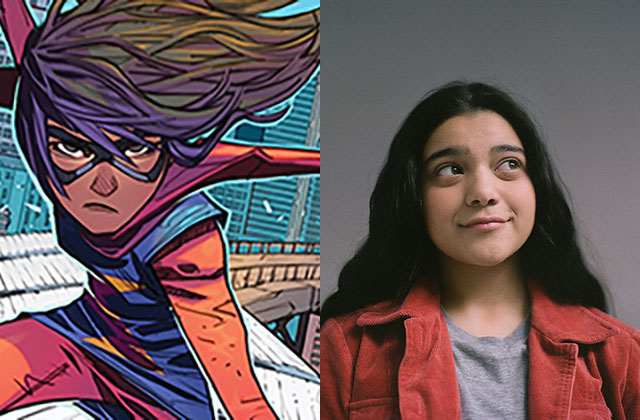 Ms. Marvel. Colorful illustration of superhero next to photo of Iman Vellani, a young brown woman with long dark hair wearing a red jacket.