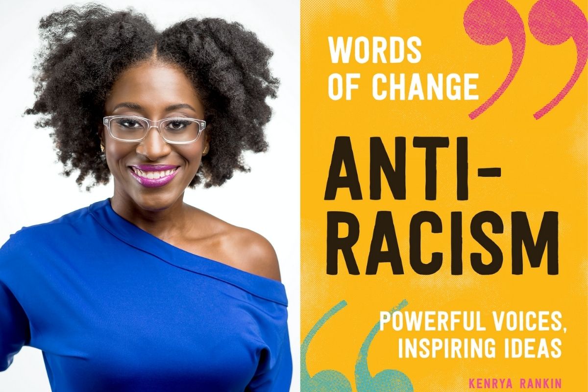 On left is author Kenrya Rankin, a dark-skinned woman, with a twist our and cobalt blue top that is off the shoulder, with a pink lip an glasses. On the right is the cover of her book, "Anti Racism"