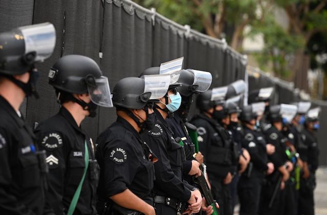 A large group of police officers in riot gear stand in a long line against a black fence.