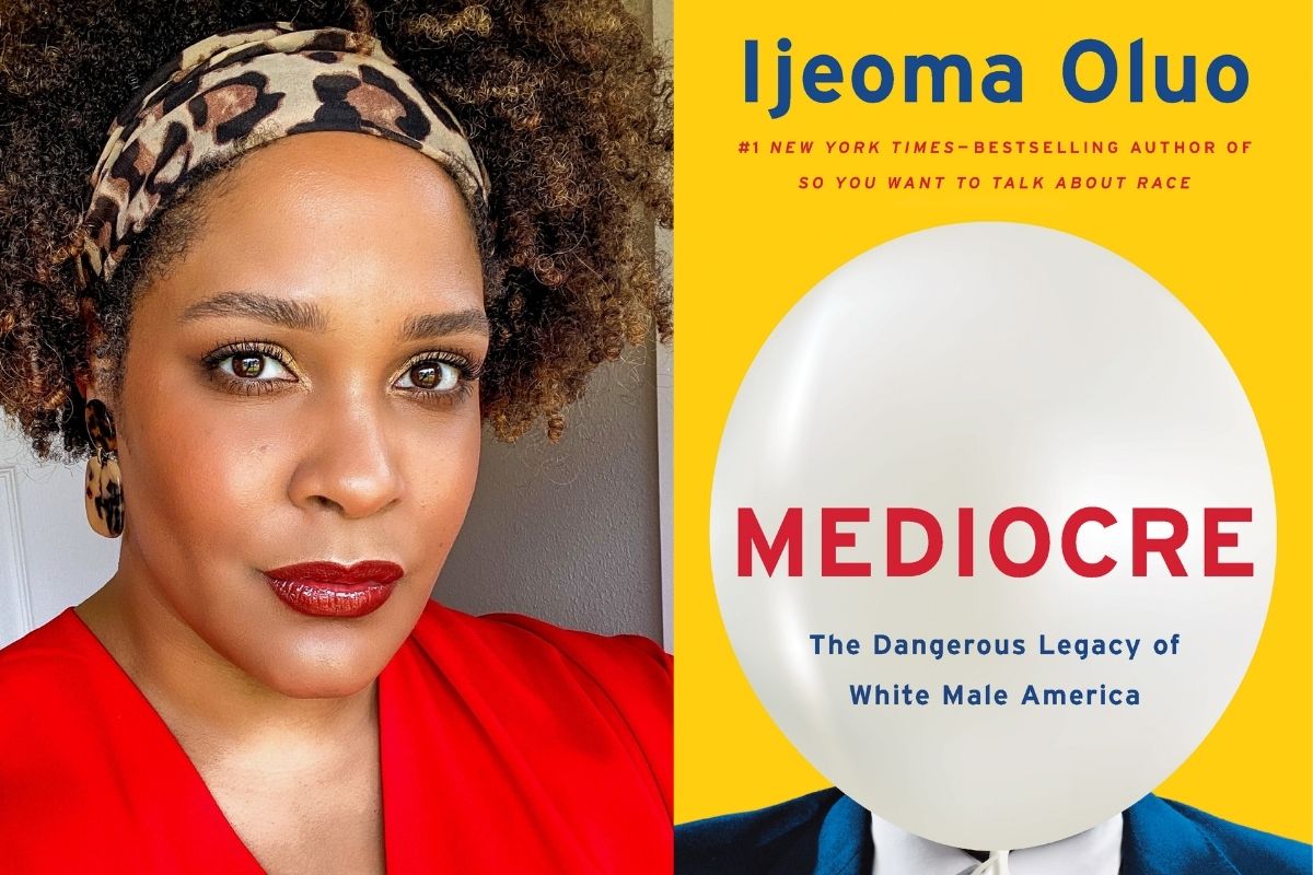 Photo of a Black woman, light brown, with a light brown textured afro, red lipstick and red v-neck; cover of Mediocre by Ijeoma Oluo