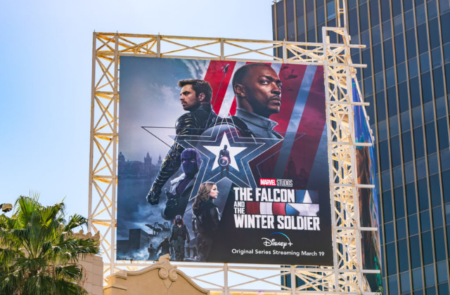 A billboard for the Disney+ series, The Falcon and the Winter Soldier. From left to right, Sam Wilson/Falcon (Anthony Mackie) and James Buchanan "Bucky" Barnes/Winter Soldier (Sebastian Stan)