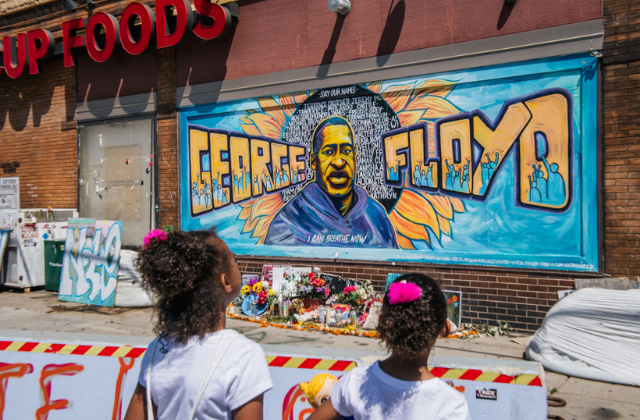 ordan and Royal Pacheco learn of George Floyd's murder at the intersection of 38th Street and Chicago Avenue, ahead of former Minneapolis police officer Derek Chauvin's sentencing, on June 25, 2021 in Minneapolis, Minnesota.