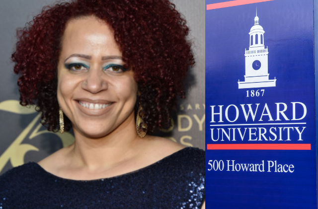 A headshot image of Nikole Hannah Jones on the left and a photo of Howard University's campus sign on the right
