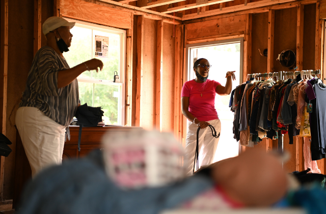 Church Vice Chair Janet Robinson, 64, right, and Yolanda Grayson King, 69, left, inside of the Mt. Pleasant Baptist Church on July 7, 2021, in Gainesville, VA.