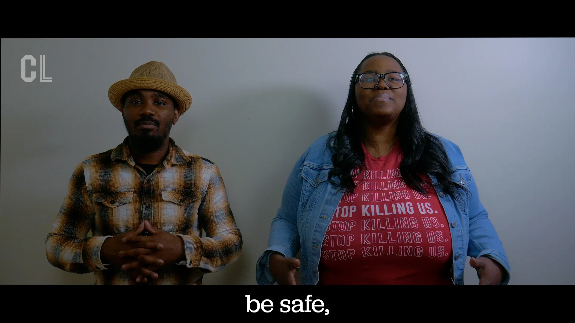 Spoken word poets perform "Be Safe, Make It Home" against a white background.