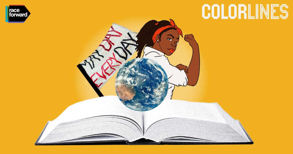 Yellow graphic with an open book with rosie the riveter, globe, and may day strong sign