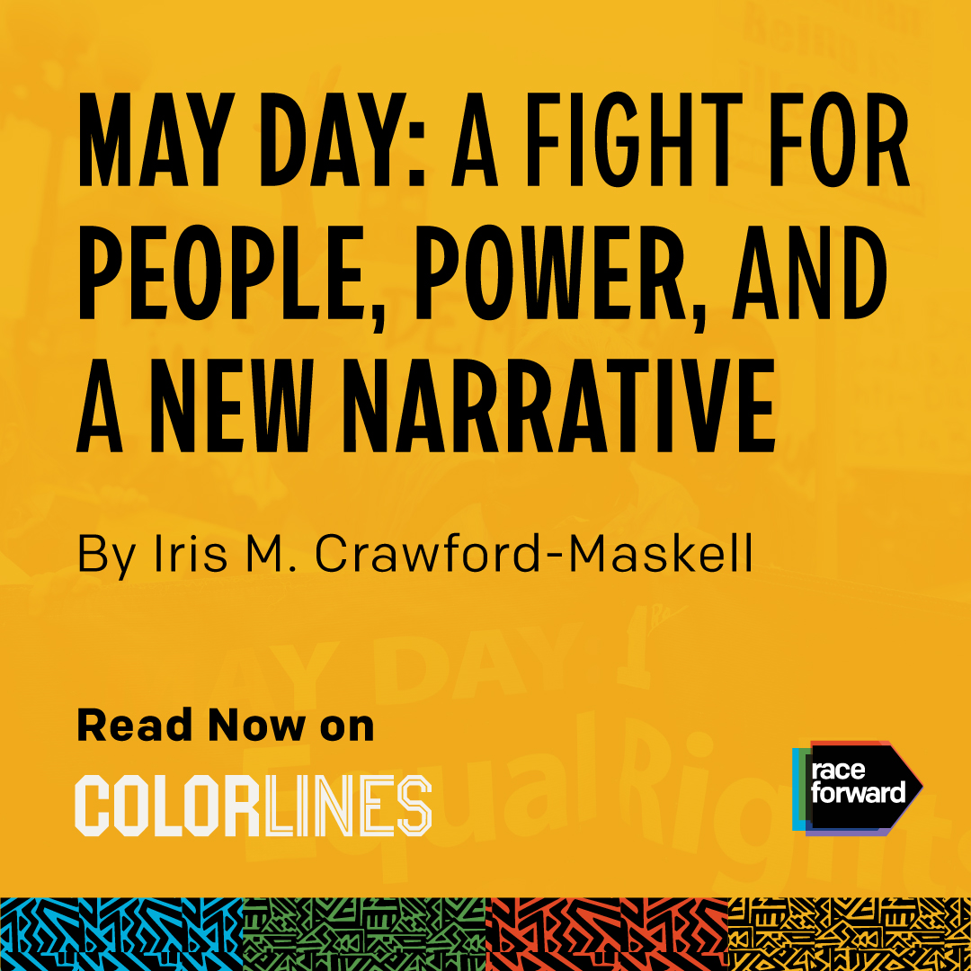 Yellow graphic with words that say: May Day, A flight for People, Power and a New Narrative