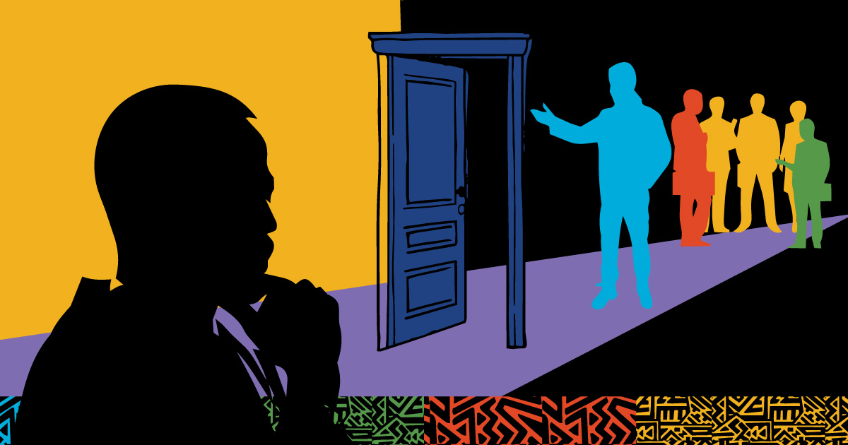 Illustration of a contemplative persion looking toward an open door with people on the other side.