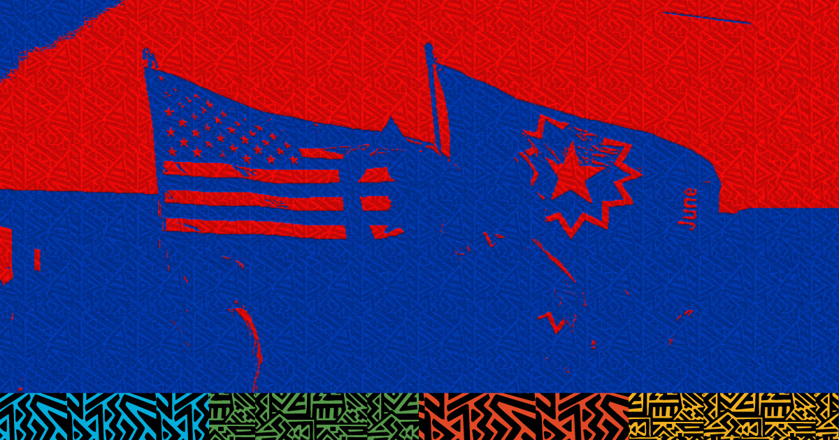 Blue and Red Graphic with etching of the American and Pan African Plan
