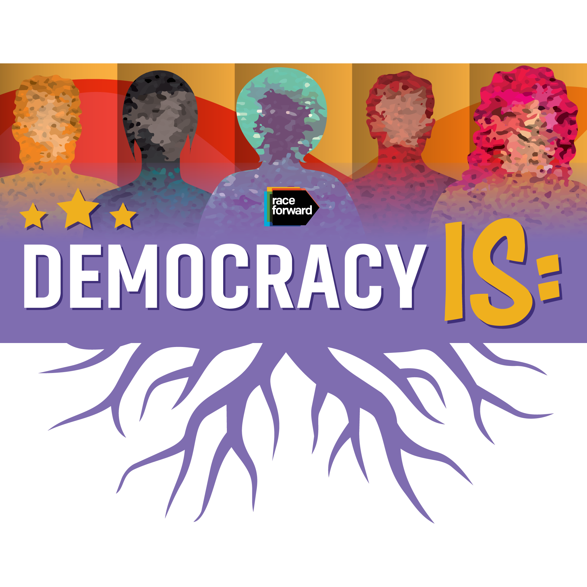 DemocracyIs campaign logo using purple, orange, red and yellow colors