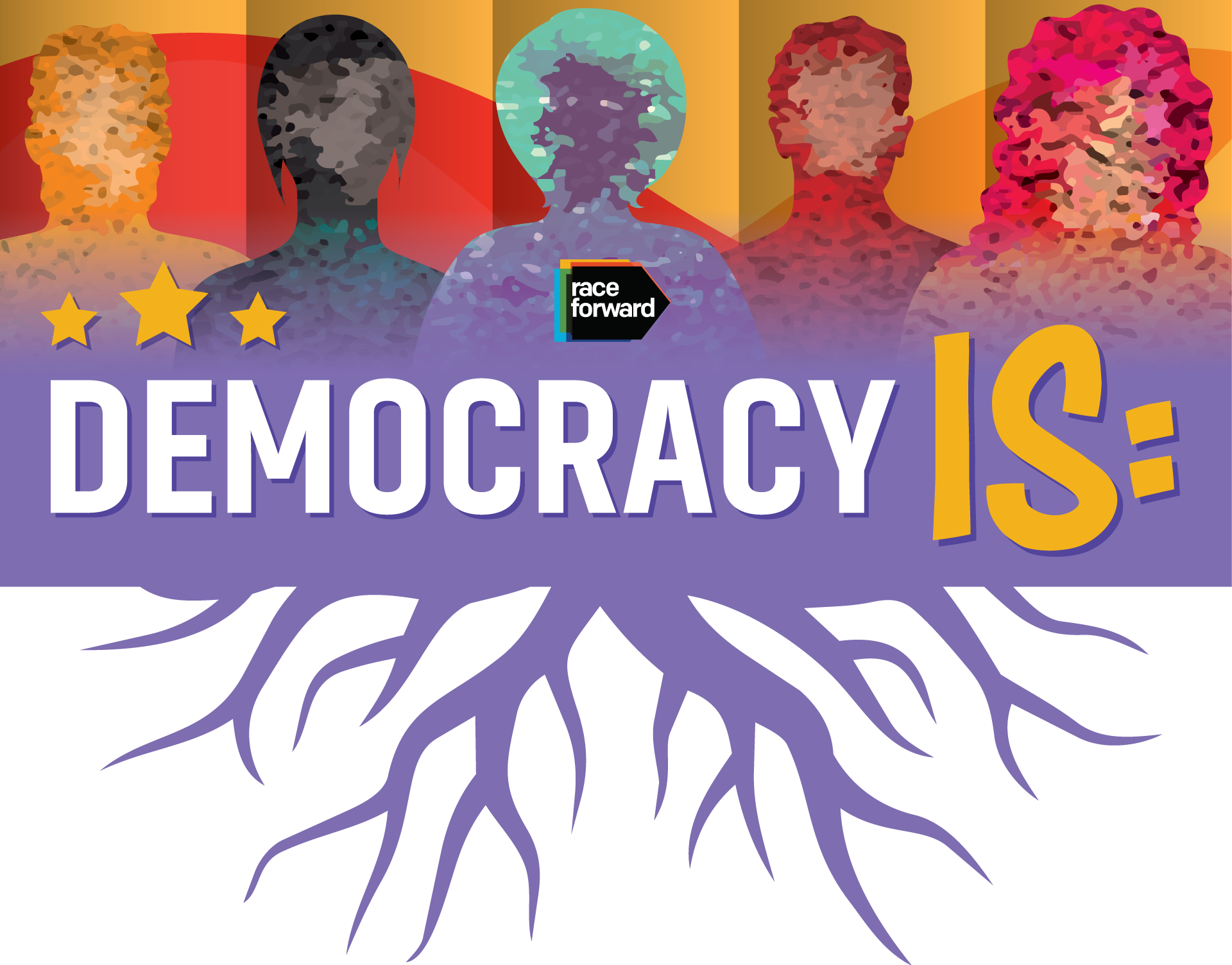 A purple and white graphic that says Democracy Is 
