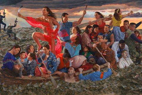 Kent Monkman The Resurgence of People. Colorful painting depicting Indigenous people on a boat.