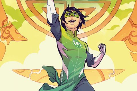 Green Lantern. Comic book cover of Asian-American teenager with short black hair wearing green top.