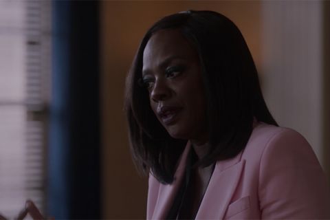 Viola Davis. Black woman with shoulder length dark hair wearing a pink blazer