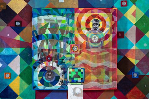 “Per(Sister)”. Colorful artwork with geometric shapes.