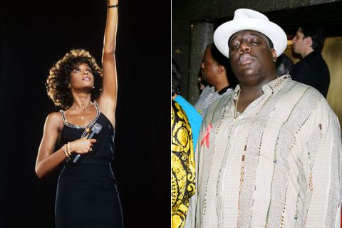 Whitney Houston and The Notorious B.I.G. Black woman in black dress raises hand to sky, Black man in white hat and button-down shirt.