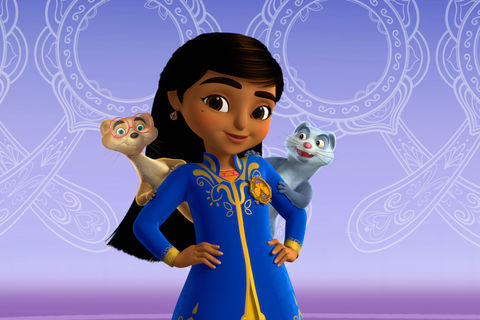 preschool cartoon character, Mira, a young girl from India, dressed in a royal blue sheath, smiles into a camera with her mongoose companions (one tan, one gray with glasses) on each of her shoulders