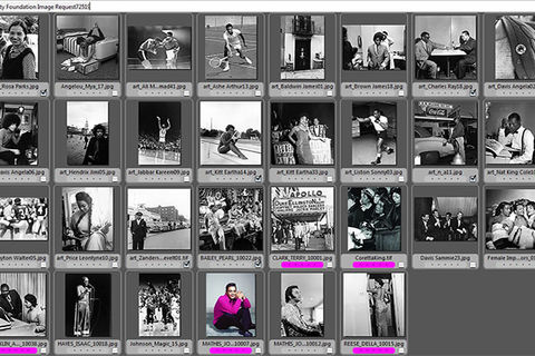 Black and white contact sheets from Johnson Publishing featuring Rosa Parks, Eartha Kitt, Arthur Ashe and more.
