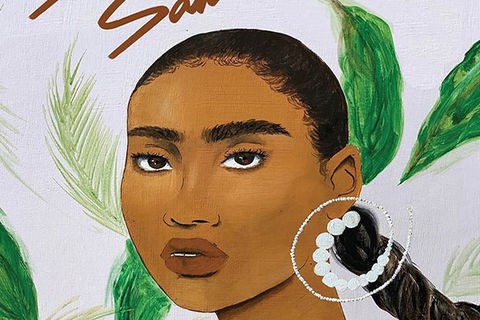 Cover of "Sana Sana." Illustration of Black woman with hair pulled back in long braid and big white hoop earrings.