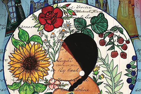 Think Indigenous. A faceless figure with long dark braids wearing a red headband, white earrings, in front of a floral display.