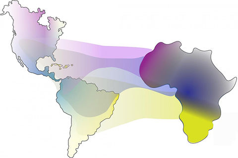 Illustration of map. Watercolor swipes showing movement between North and South Americas and Africa.