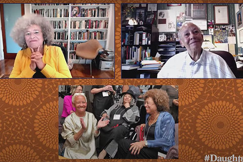 Daughters Of. Screenshot of Angela Davis, Nikki Giovanni and a photo showing Giovanni, Davis and Toni Morrison together.