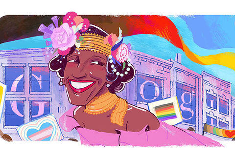 Marsha-P.-Johnson. Colorful doodle of Black woman wearing floral laurel and pink top