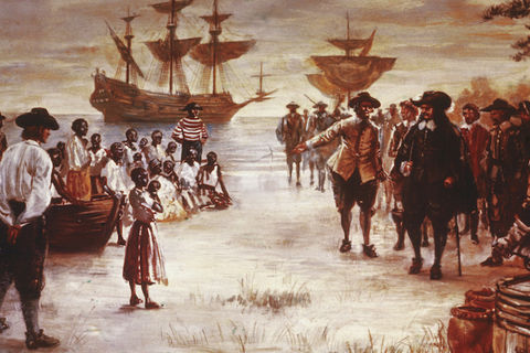 Engraving shows the arrival of a Dutch slave ship with a group of African slaves for sale, Jamestown, Virginia, 1619.