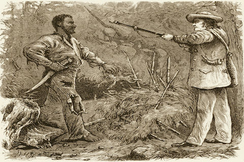 Nat Turner is shown being discovered in a wooded area of Virginia by a white man carrying a gun in 1831.