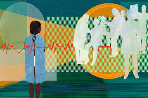 A Black patient wearing a hospital gown stands on the left side. On the right, white caricatures of doctors assisting patients. A red heartbeat line expands across the two images.