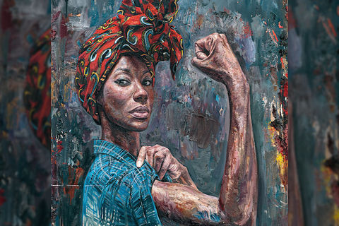 A Black woman with a read and green headwrap and a blue demin shirt is posing in the Rosie the Riveter stance.